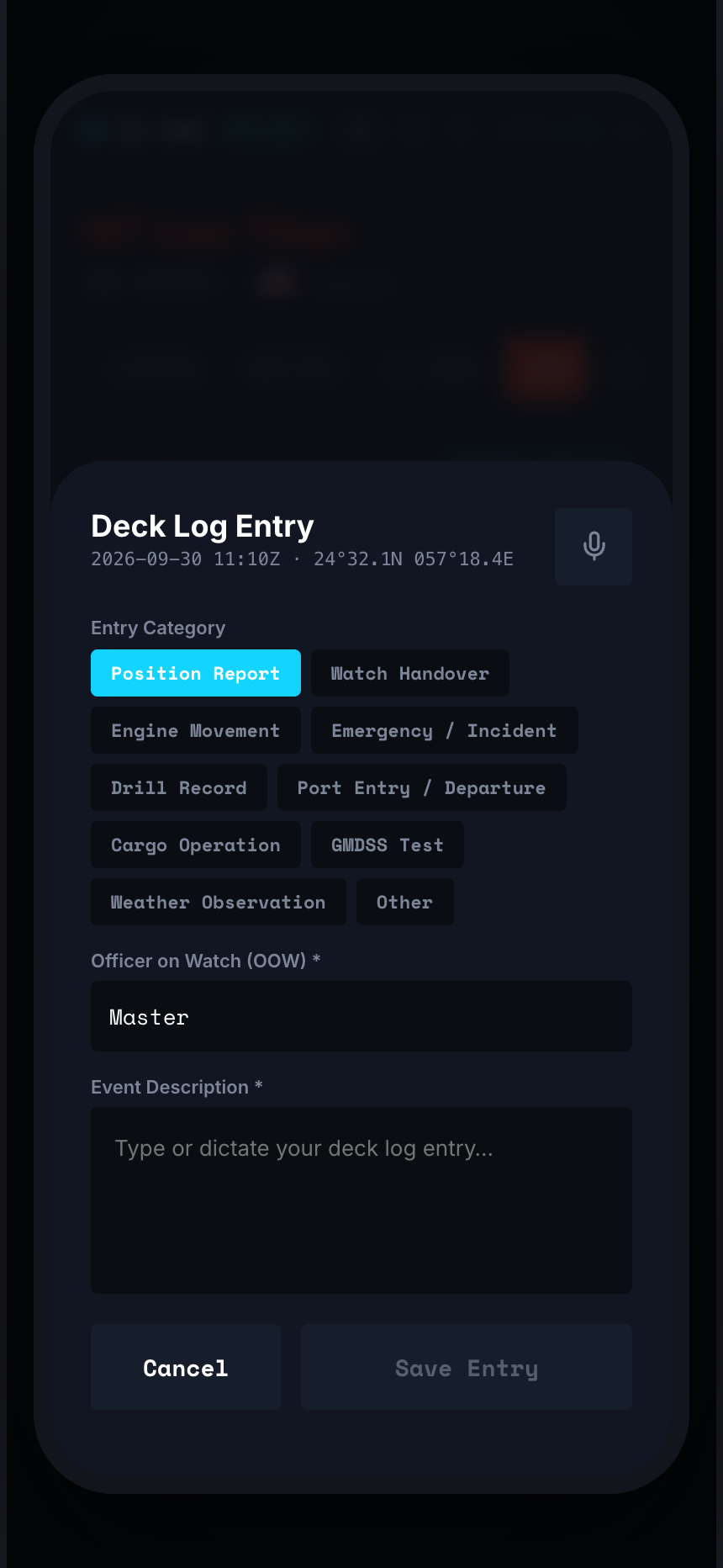Deck log entry form with entry categories and a dictation button